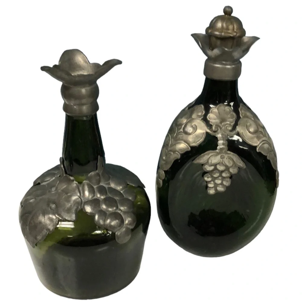2‎ Vtg Decanter Green Glass Pewter Marked Denmark Rare Retro Collectible Grape